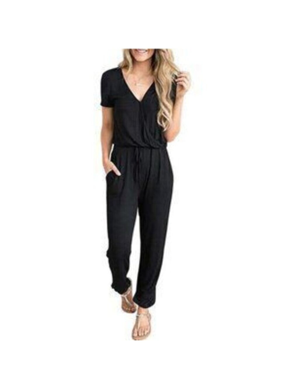 Women's Deep V Neck Short Sleeve Wrap Drawstring Waist Jumpsuit Romper